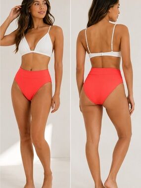Aerie High Waisted High Cut Cheeky Bikini Bottom Coral Red Large NWOT